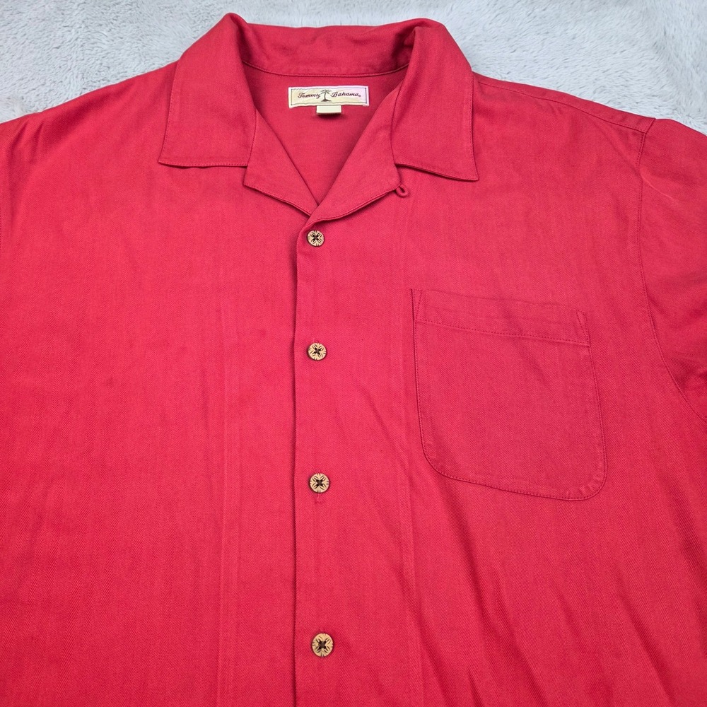 Tommy Bahama Silk Camp Shirt Mens L Herringbone Short Sleeve Button Down Red 80c